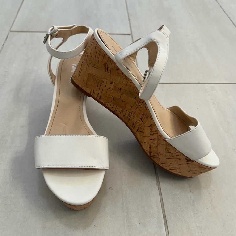 Nine West White Cork Wedge Sandals